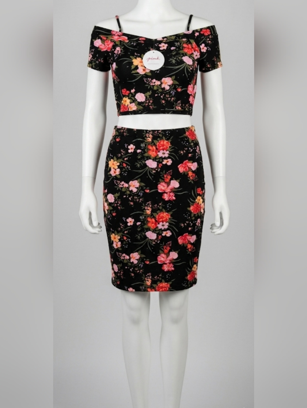 Floral Pencil Skirt in Black with Pink & Red Blooms